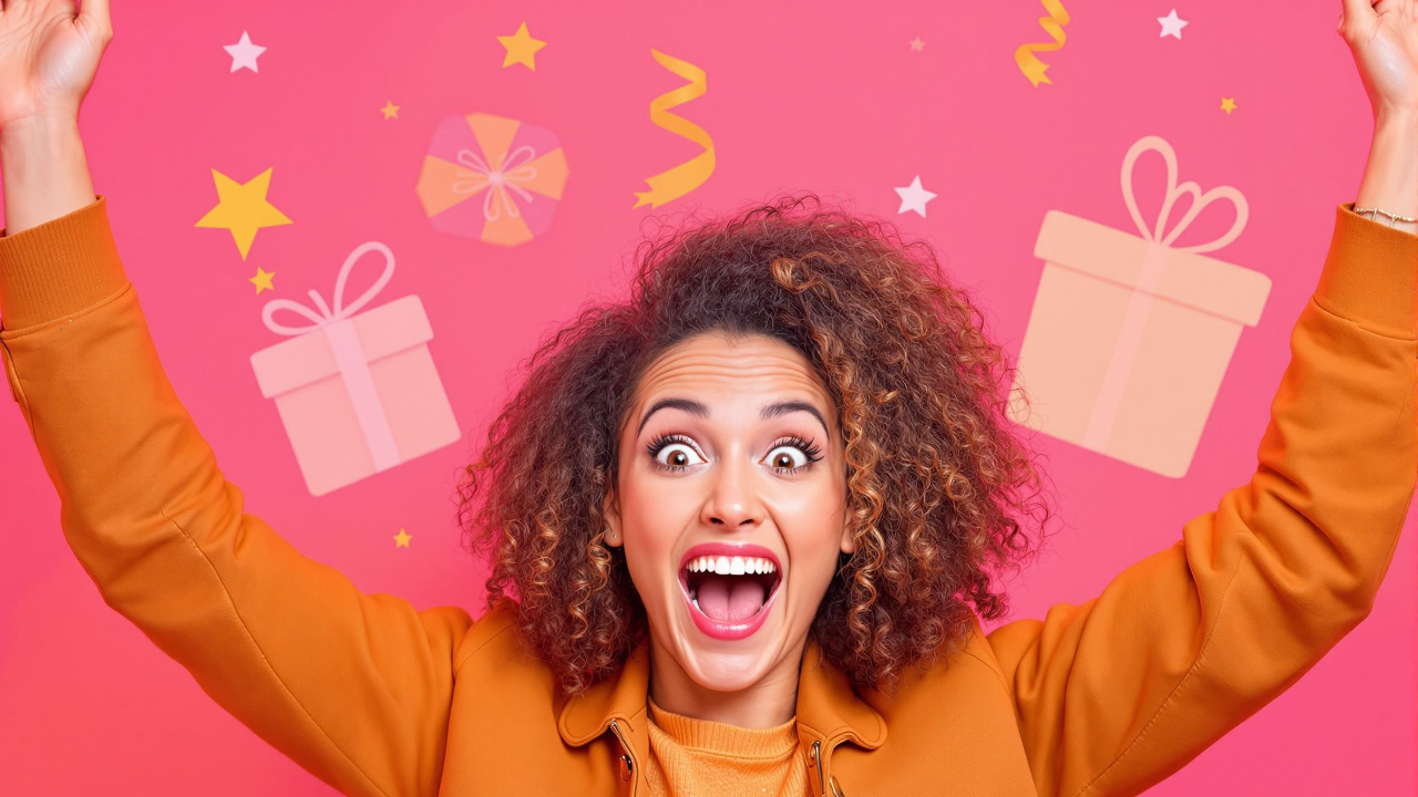 Excited woman celebrating with gifts